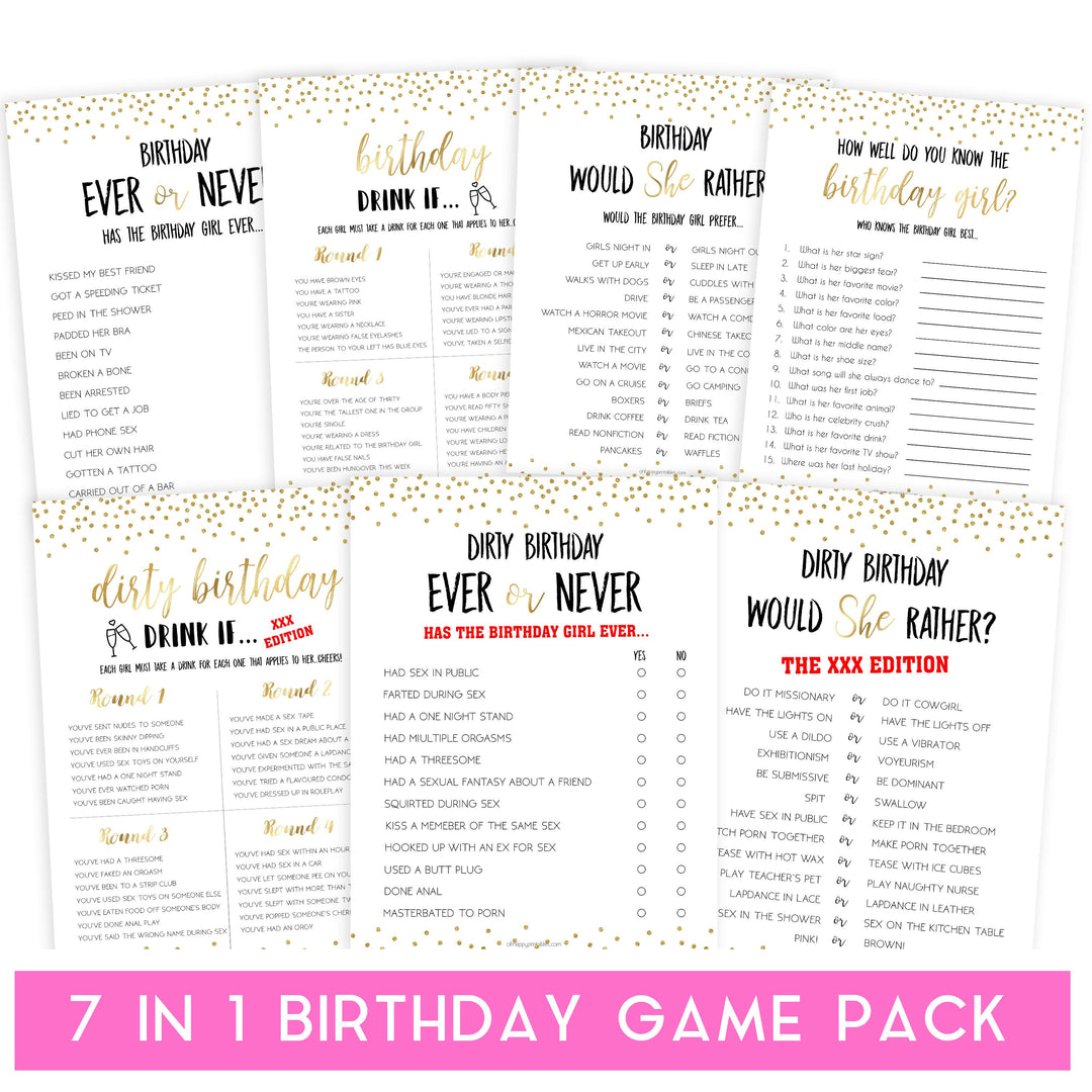 7 birthday games, gold glitter birthday games, printable birthday games, would she rather, naughty drink if, best birthday games