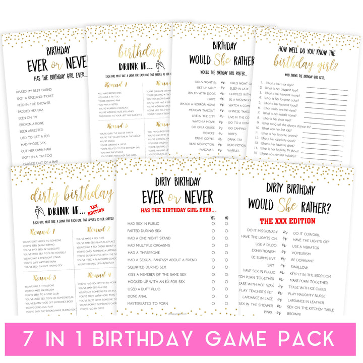 7 birthday games, gold glitter birthday games, printable birthday games, would she rather, naughty drink if, best birthday games