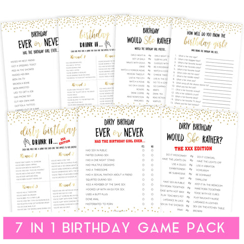 7 birthday games, gold glitter birthday games, printable birthday games, would she rather, naughty drink if, best birthday games