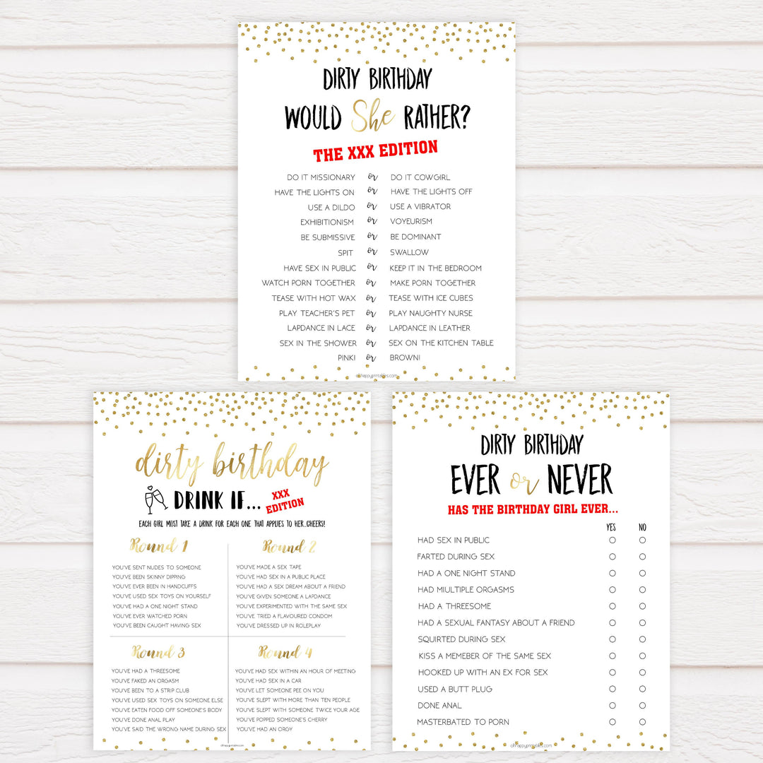 7 birthday games, gold glitter birthday games, printable birthday games, would she rather, naughty drink if, best birthday games