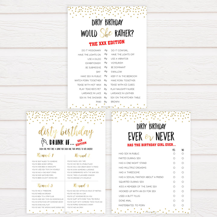 7 birthday games, gold glitter birthday games, printable birthday games, would she rather, naughty drink if, best birthday games