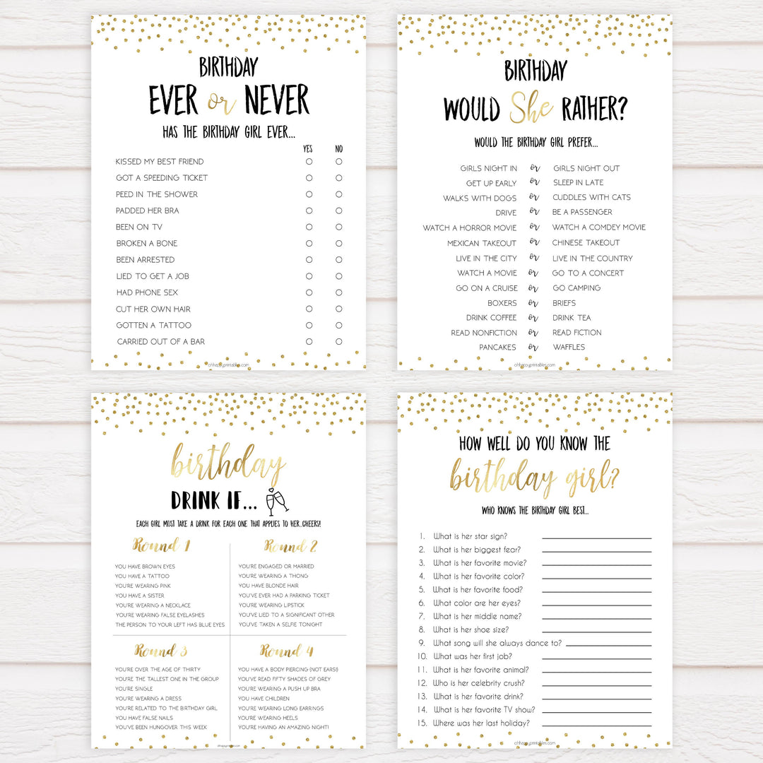 7 birthday games, gold glitter birthday games, printable birthday games, would she rather, naughty drink if, best birthday games