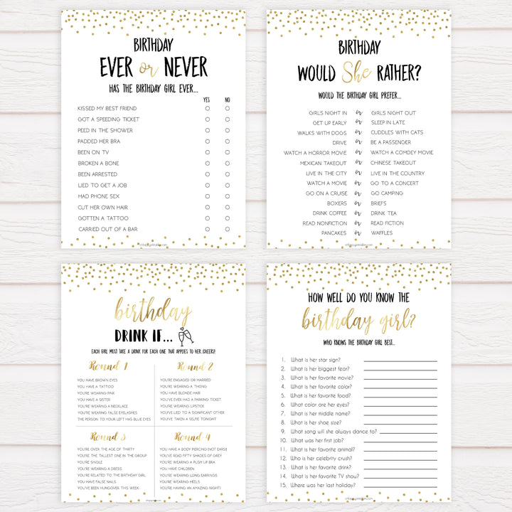 7 birthday games, gold glitter birthday games, printable birthday games, would she rather, naughty drink if, best birthday games