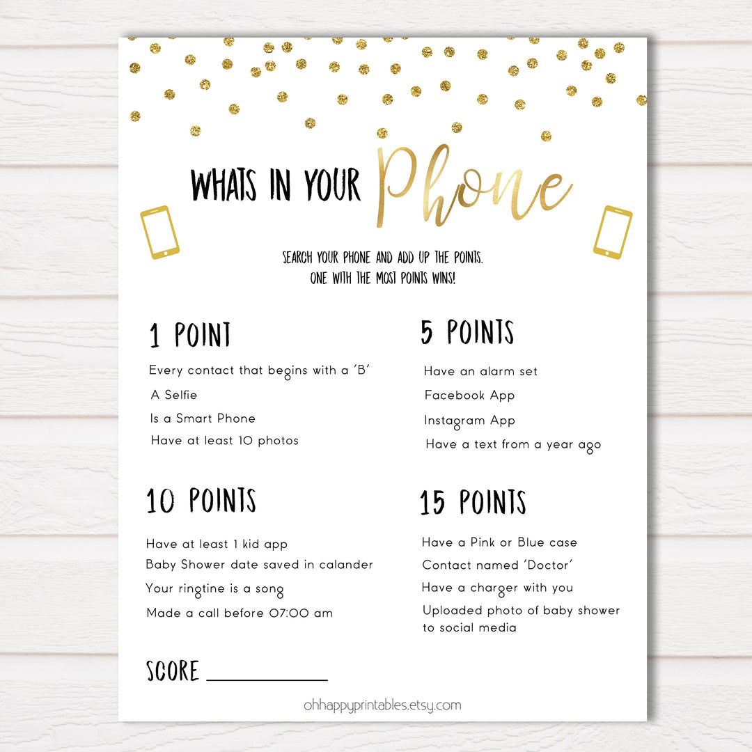 Whats In Your Phone Baby Shower Game, Gold Glitter Baby Games, Baby Shower Games, Whats on Your Phone, Baby Shower Phone Game, funny baby games, fun baby games, top 10 baby games