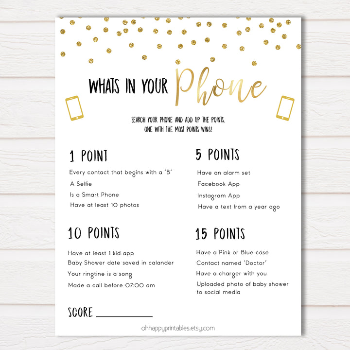 Whats In Your Phone Baby Shower Game, Gold Glitter Baby Games, Baby Shower Games, Whats on Your Phone, Baby Shower Phone Game, funny baby games, fun baby games, top 10 baby games