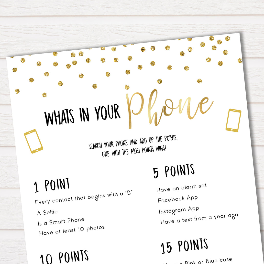 Whats In Your Phone Baby Shower Game, Gold Glitter Baby Games, Baby Shower Games, Whats on Your Phone, Baby Shower Phone Game, funny baby games, fun baby games, top 10 baby games