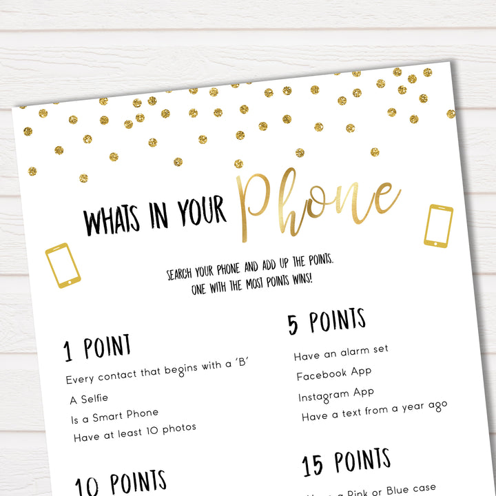Whats In Your Phone Baby Shower Game, Gold Glitter Baby Games, Baby Shower Games, Whats on Your Phone, Baby Shower Phone Game, funny baby games, fun baby games, top 10 baby games