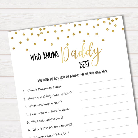 Who Knows Daddy Best Game, Gold Glitter Baby Shower Games, Knows Daddy Games, Baby Shower Games, Who Knows Daddy, Who Knows Daddy Baby, baby shower games, best baby shower games
