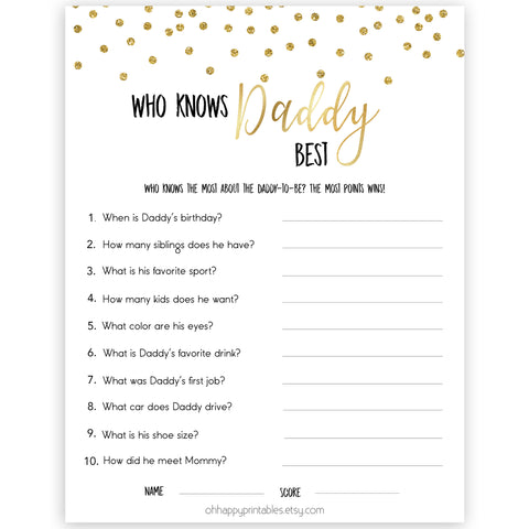 Who Knows Daddy Best Game, Gold Glitter Baby Shower Games, Knows Daddy Games, Baby Shower Games, Who Knows Daddy, Who Knows Daddy Baby, baby shower games, best baby shower games