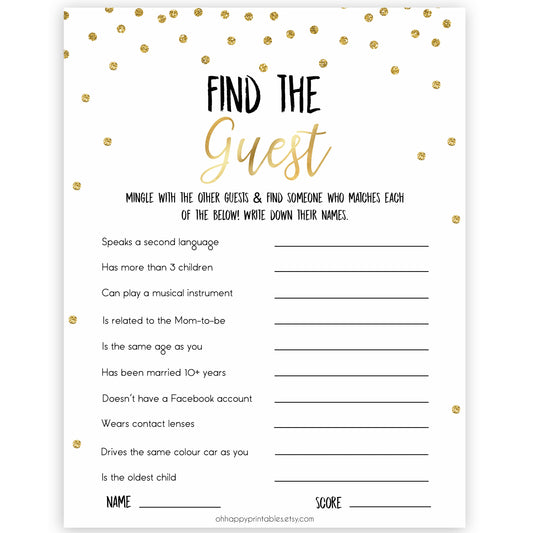 Gold Find The Guest Baby Shower Game, Find the Guest, Ice Breaker Game, Baby Shower Games, Gold Glitter Baby Shower, Find the Guest, baby shower games, best baby shower games