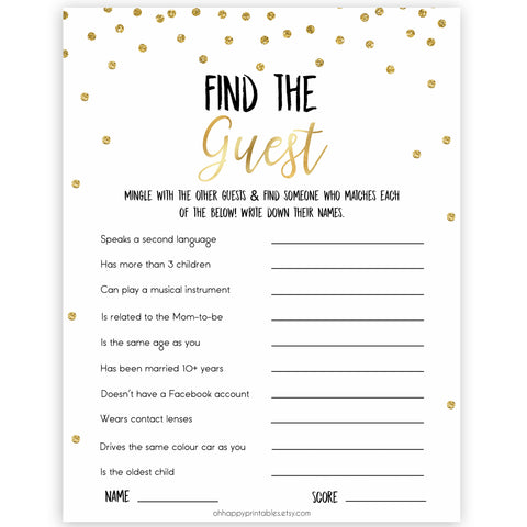 Gold Find The Guest Baby Shower Game, Find the Guest, Ice Breaker Game, Baby Shower Games, Gold Glitter Baby Shower, Find the Guest, baby shower games, best baby shower games