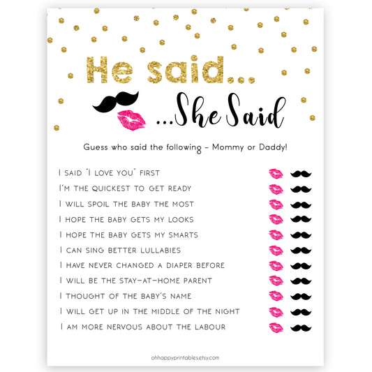 He Said She Said Baby Shower Game, Gold Glitter Baby Shower, Who Said What Game, Fun Baby Shower Games, Baby Shower, He Said She Said, funny baby shower games, best baby shower games, hilarious baby shower games, baby games