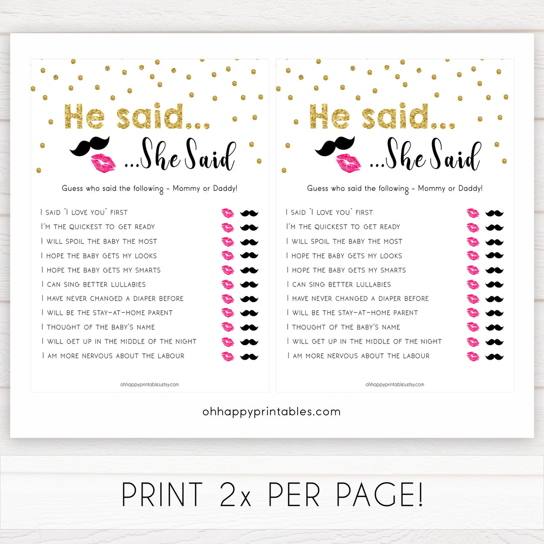 He Said She Said Baby Shower Game, Gold Glitter Baby Shower, Who Said What Game, Fun Baby Shower Games, Baby Shower, He Said She Said, funny baby shower games, best baby shower games, hilarious baby shower games, baby games