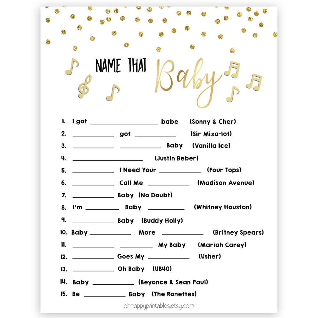 Name That Song Baby Shower Game, Baby Song Games, Baby Shower Games, Gold Baby Shower Baby Shower, Name that Song Game, Whats That Song