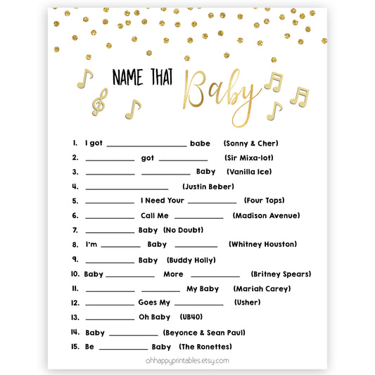 Name That Song Baby Shower Game, Baby Song Games, Baby Shower Games, Gold Baby Shower Baby Shower, Name that Song Game, Whats That Song