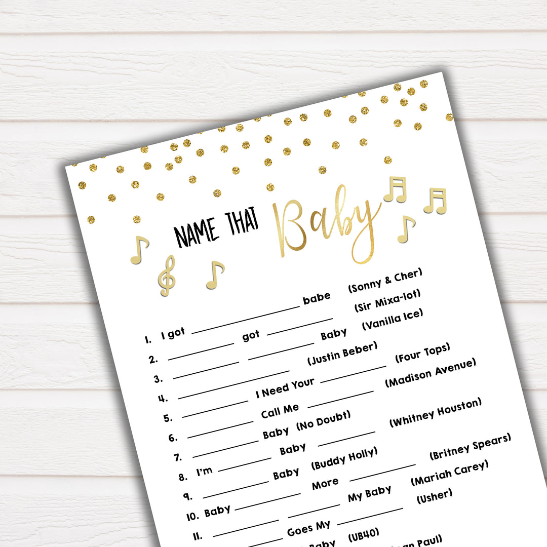 Name That Song Baby Shower Game, Baby Song Games, Baby Shower Games, Gold Baby Shower Baby Shower, Name that Song Game, Whats That Song