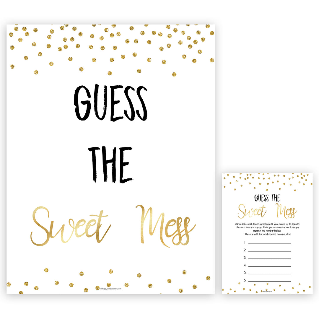 Gold Glitter Baby Shower Guess The Mess Game, Gold Glitter Baby Shower Guess The Sweet Mess, Baby Shower Games, Guess The Mess, hilarious baby shower games, funny baby games, bets baby games