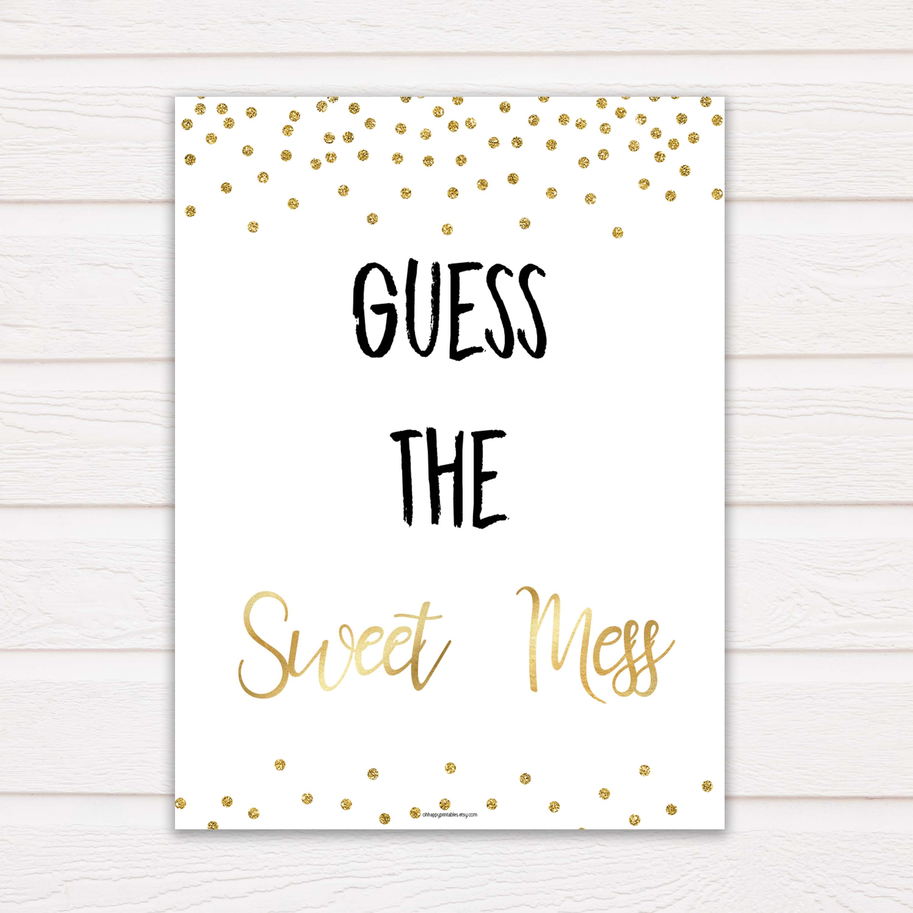 Gold Glitter Baby Shower Guess The Mess Game, Gold Glittter Baby Shower Guess The Sweet Mess, Baby Shower Games, Guess The Mess, hilarious baby shower games, funny baby games, bets baby games