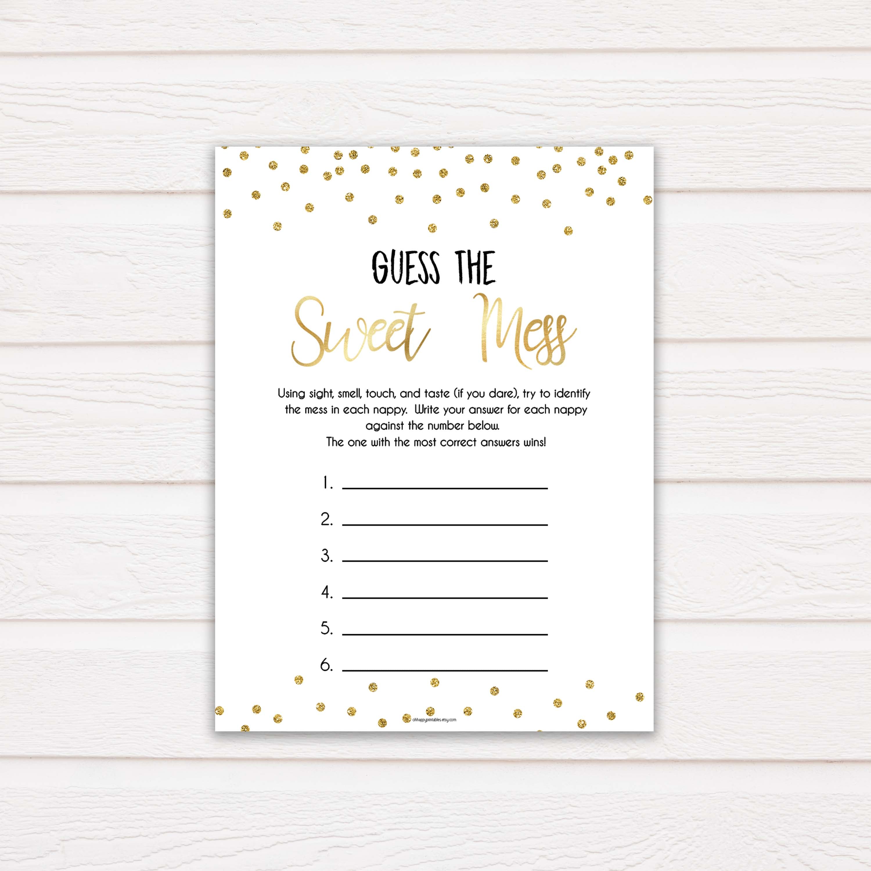 Gold Glitter Baby Shower Guess The Mess Game, Gold Glittter Baby Shower Guess The Sweet Mess, Baby Shower Games, Guess The Mess, hilarious baby shower games, funny baby games, bets baby games