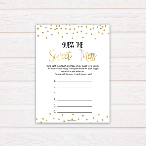 Gold Glitter Baby Shower Guess The Mess Game, Gold Glittter Baby Shower Guess The Sweet Mess, Baby Shower Games, Guess The Mess, hilarious baby shower games, funny baby games, bets baby games