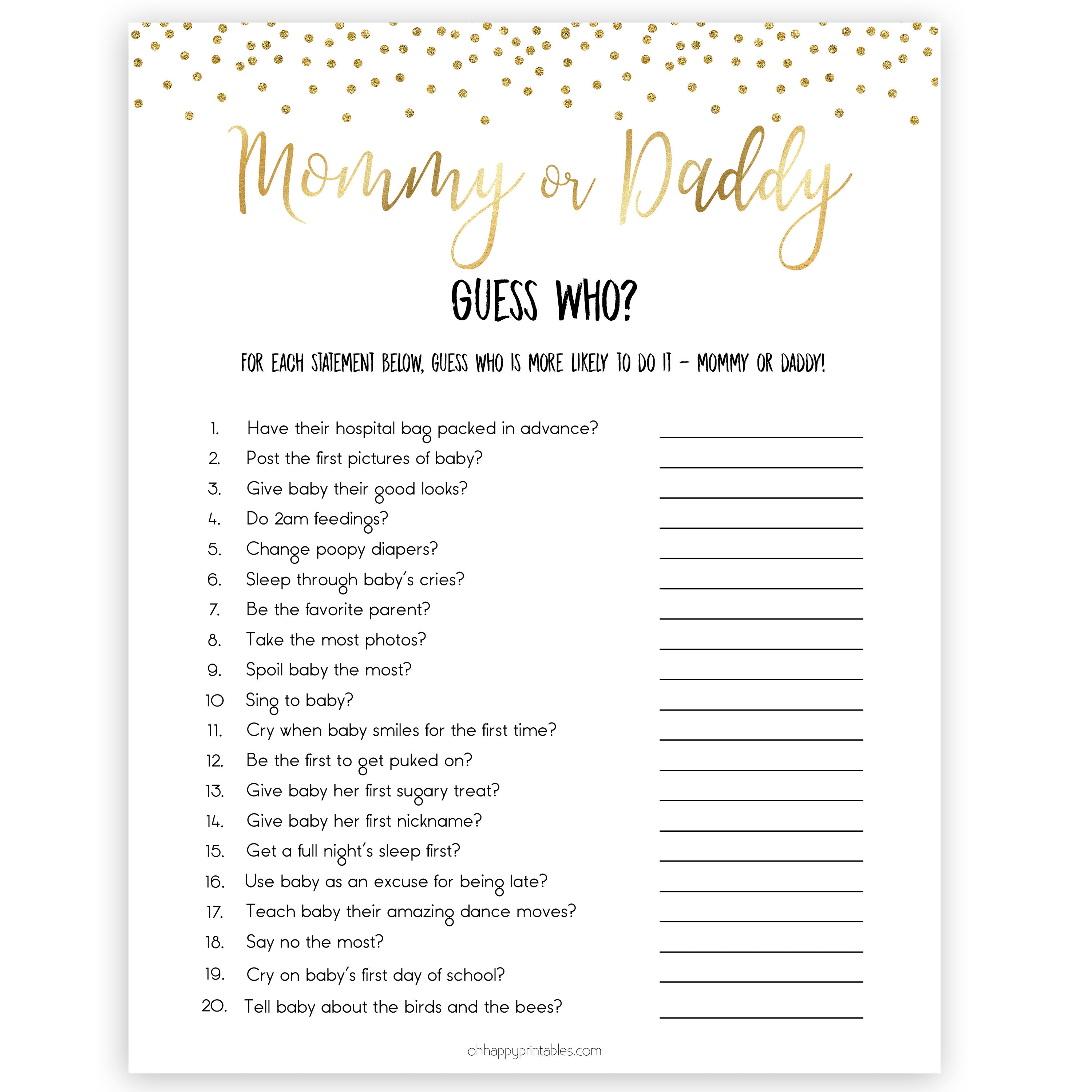 gold baby shower games, guess who, mommy or daddy games, printable baby games, fun baby games, popular baby games, baby shower games, gold baby games, print baby games, gold baby shower