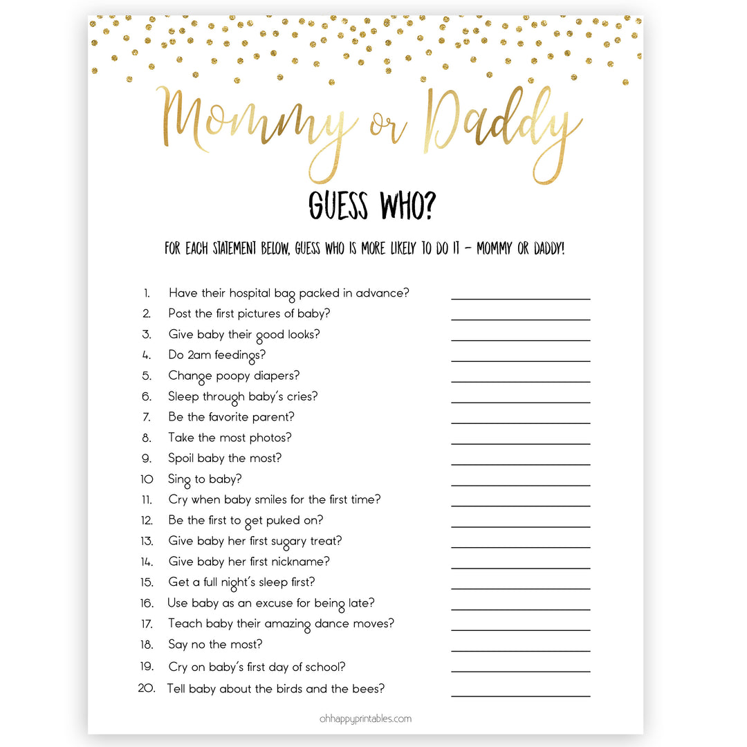 gold baby shower games, guess who, mommy or daddy games, printable baby games, fun baby games, popular baby games, baby shower games, gold baby games, print baby games, gold baby shower