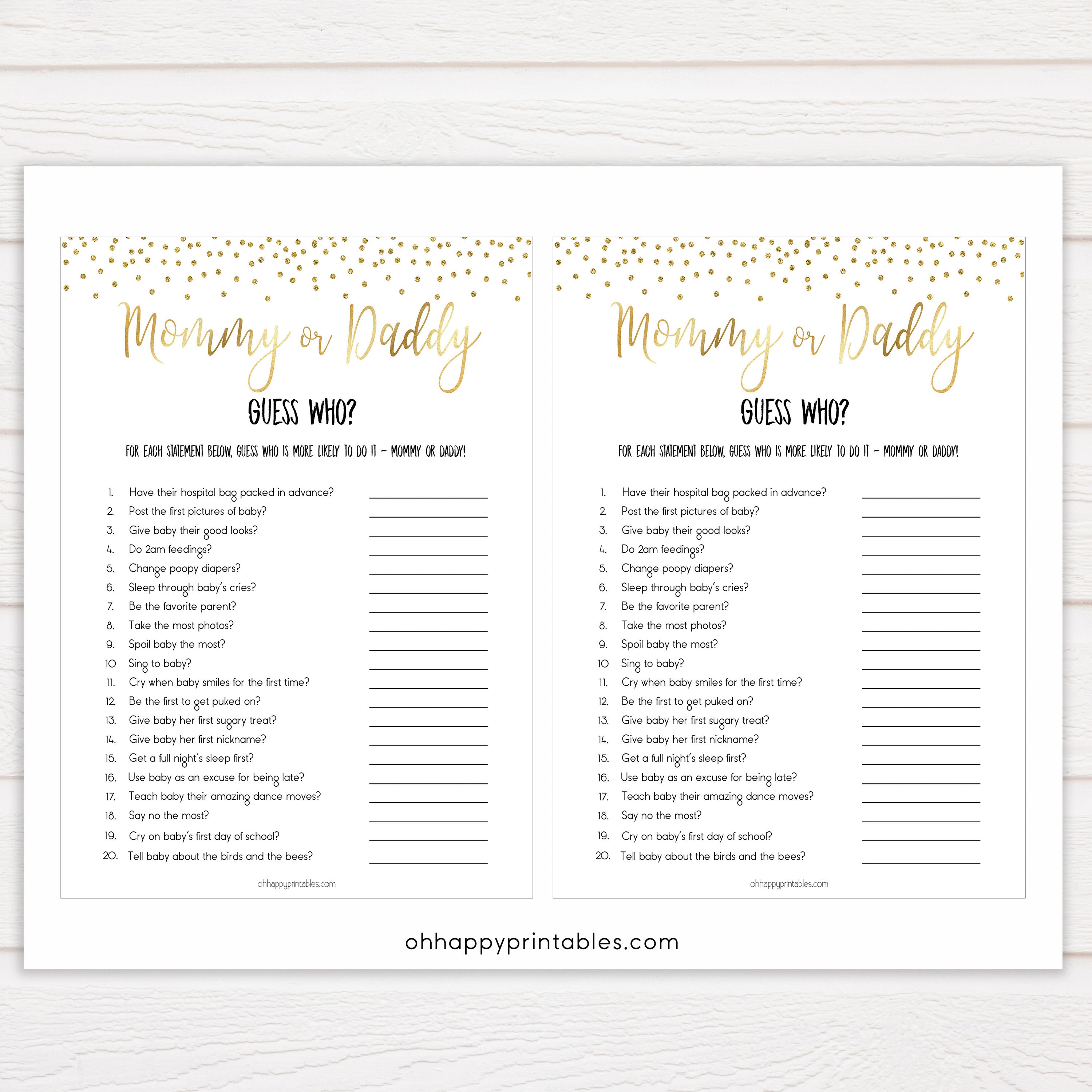 gold baby shower games, guess who, mommy or daddy games, printable baby games, fun baby games, popular baby games, baby shower games, gold baby games, print baby games, gold baby shower