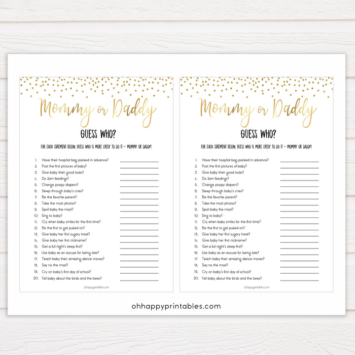 gold baby shower games, guess who, mommy or daddy games, printable baby games, fun baby games, popular baby games, baby shower games, gold baby games, print baby games, gold baby shower