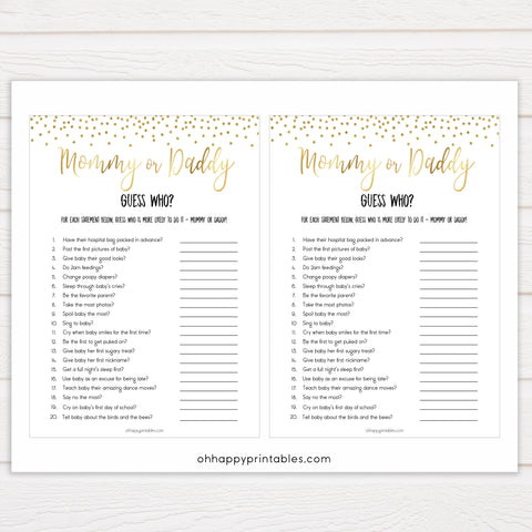 gold baby shower games, guess who, mommy or daddy games, printable baby games, fun baby games, popular baby games, baby shower games, gold baby games, print baby games, gold baby shower
