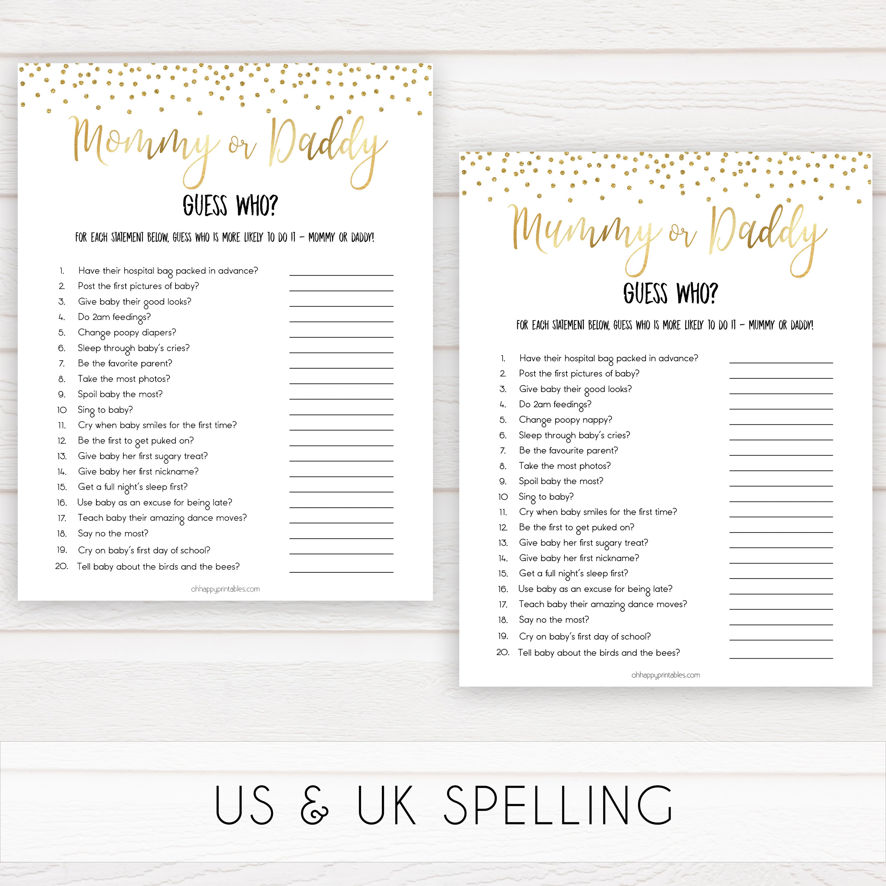 gold baby shower games, guess who, mommy or daddy games, printable baby games, fun baby games, popular baby games, baby shower games, gold baby games, print baby games, gold baby shower