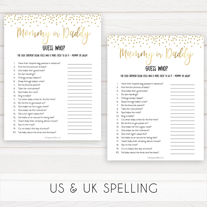 gold baby shower games, guess who, mommy or daddy games, printable baby games, fun baby games, popular baby games, baby shower games, gold baby games, print baby games, gold baby shower