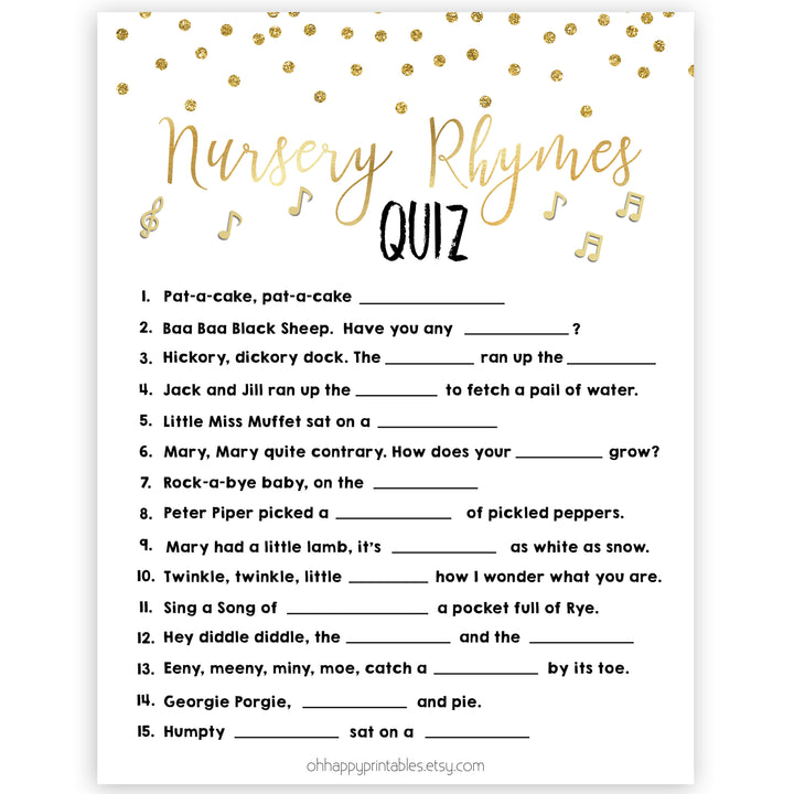 Nursery Rhyme Quiz, Baby Shower Games, Guess Nursery Rhyme Game, Gold Baby Shower, Fun Baby Shower Games, Name that Nursery Rhyme
