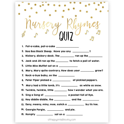 Nursery Rhyme Quiz, Baby Shower Games, Guess Nursery Rhyme Game, Gold Baby Shower, Fun Baby Shower Games, Name that Nursery Rhyme