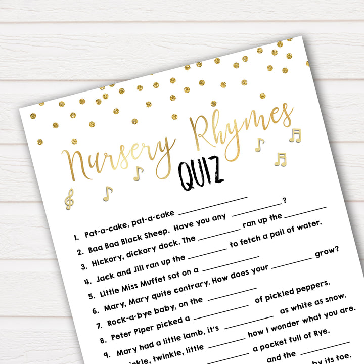 Nursery Rhyme Quiz, Baby Shower Games, Guess Nursery Rhyme Game, Gold Baby Shower, Fun Baby Shower Games, Name that Nursery Rhyme