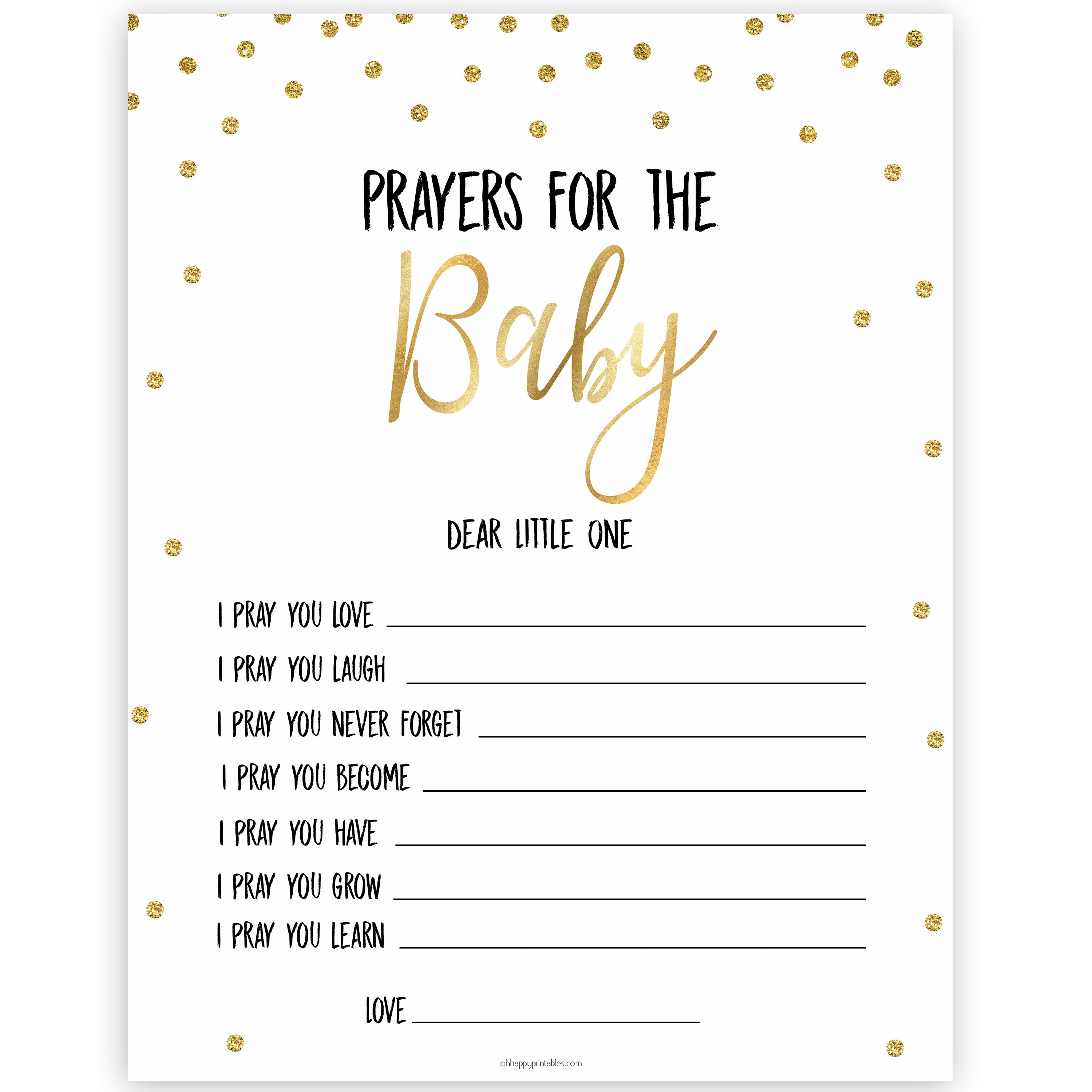 Prayers for the baby, gold glitter prayers for the baby, prayer baby card, baby shower games, baby games, gold glitter baby theme, best baby games