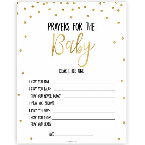 Prayers for the baby, gold glitter prayers for the baby, prayer baby card, baby shower games, baby games, gold glitter baby theme, best baby games