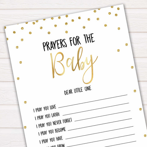 Prayers for the baby, gold glitter prayers for the baby, prayer baby card, baby shower games, baby games, gold glitter baby theme, best baby games