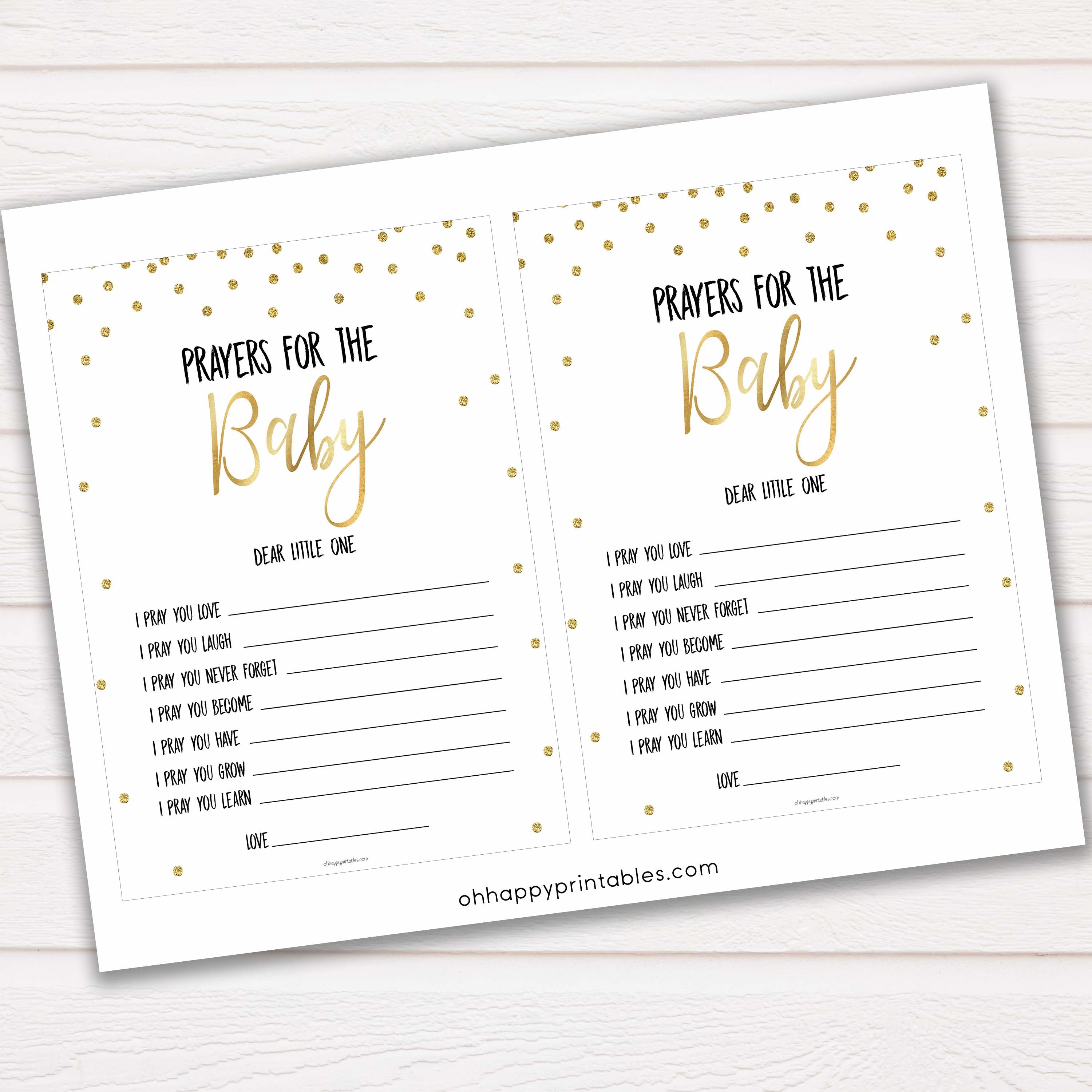 Prayers for the baby, gold glitter prayers for the baby, prayer baby card, baby shower games, baby games, gold glitter baby theme, best baby games