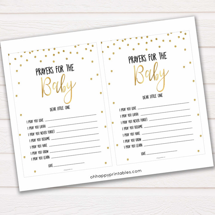 Prayers for the baby, gold glitter prayers for the baby, prayer baby card, baby shower games, baby games, gold glitter baby theme, best baby games