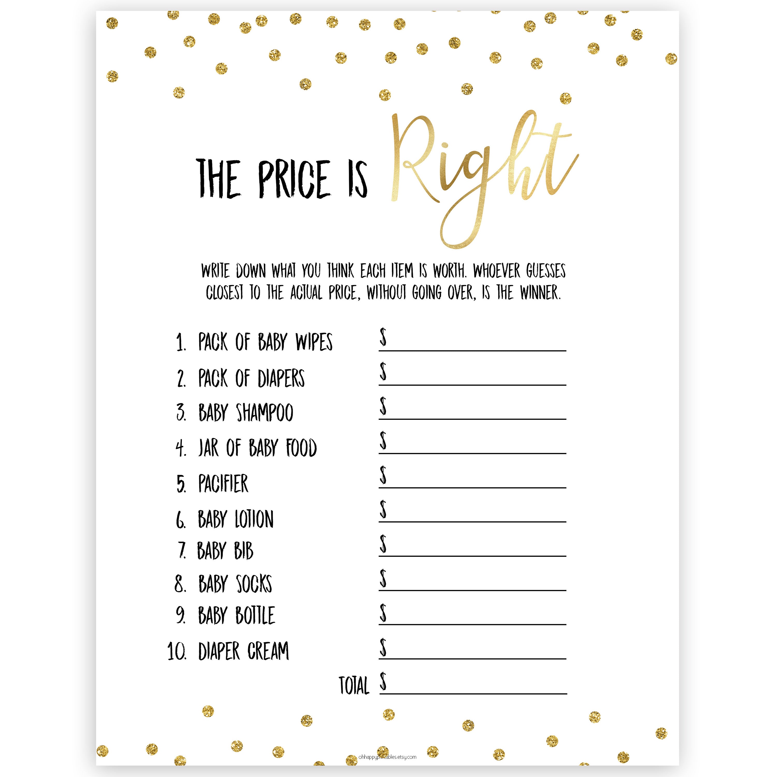 Gold Glitter Price Is Right Baby Shower Game, Gold Guess The Price Games, Gold Glitter Baby Shower Price Games, Price Is Right Game, best baby shower games, funny baby games, top baby games