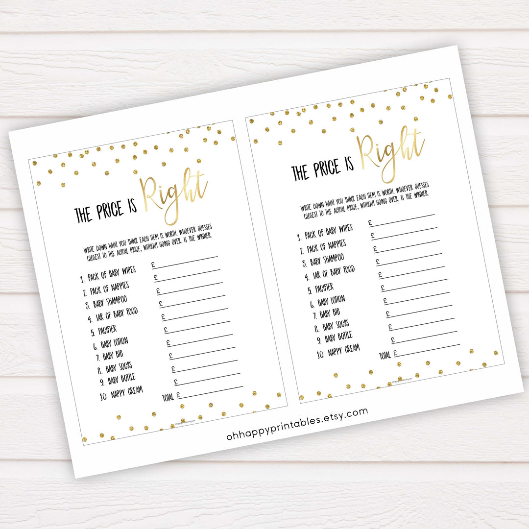 Gold Glitter Price Is Right Baby Shower Game, Gold Guess The Price Games, Gold Glitter Baby Shower Price Games, Price Is Right Game, best baby shower games, funny baby games, top baby games