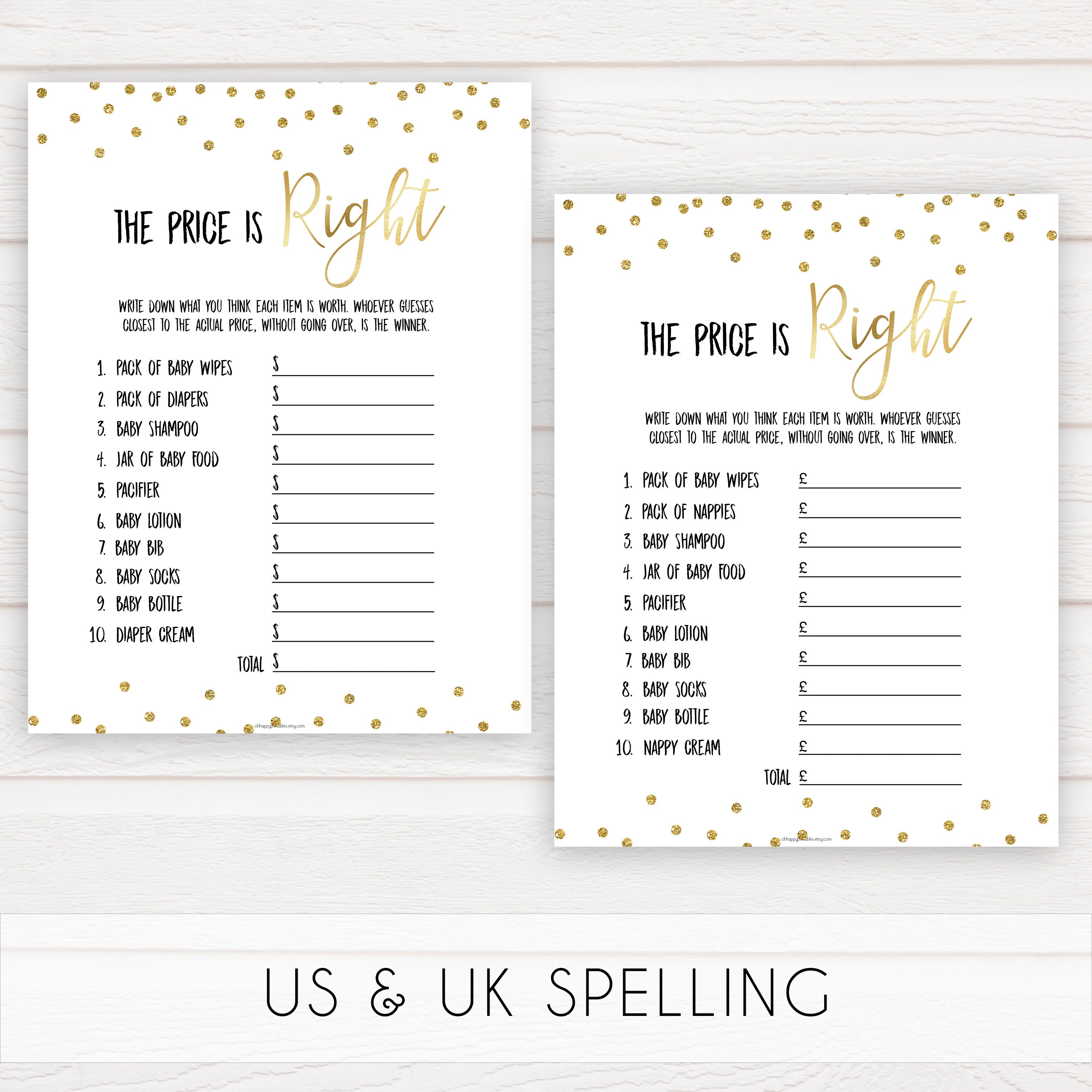 The Price is Right - Gold Glitter Printable Baby Shower Games