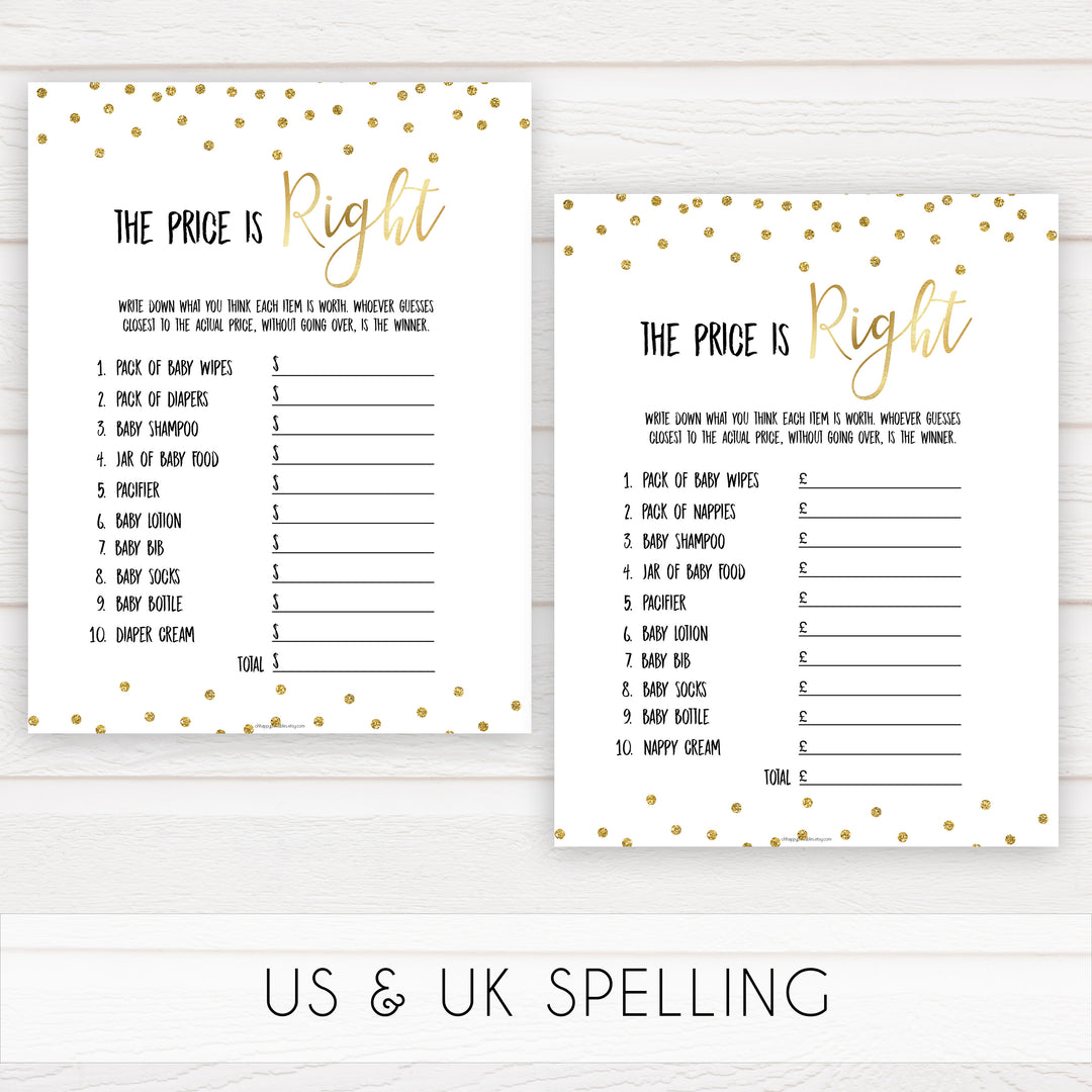 Gold Glitter Price Is Right Baby Shower Game, Gold Guess The Price Games, Gold Glitter Baby Shower Price Games, Price Is Right Game, best baby shower games, funny baby games, top baby games
