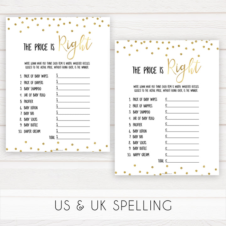 Gold Glitter Price Is Right Baby Shower Game, Gold Guess The Price Games, Gold Glitter Baby Shower Price Games, Price Is Right Game, best baby shower games, funny baby games, top baby games