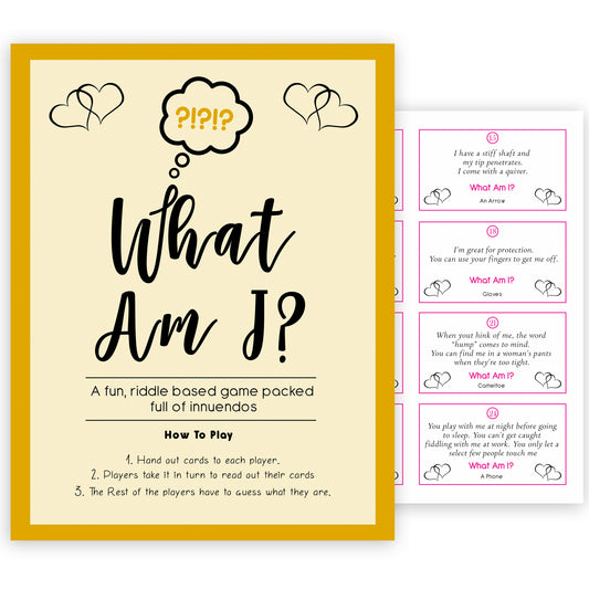 24 What Am I Innuendo Baby Shower Games, Innuendo Riddle Gold Baby Shower Games, What Am I Games, Baby Games, Adult Baby Shower, fun baby shower games, funny baby games