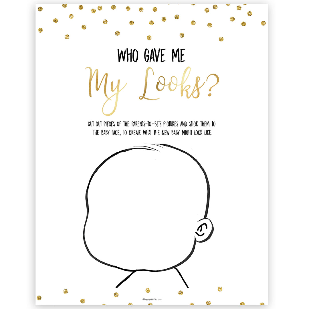 Gold Glitter Baby Face Game, What Will Baby Look Like, Baby Face, Guess The Looks, Gold Baby Game, Baby Face, Gold Baby Shower Games, printable baby games, fun baby games, popular baby games