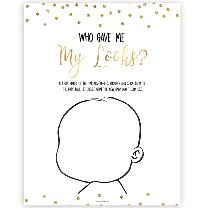 Gold Glitter Baby Face Game, What Will Baby Look Like, Baby Face, Guess The Looks, Gold Baby Game, Baby Face, Gold Baby Shower Games, printable baby games, fun baby games, popular baby games