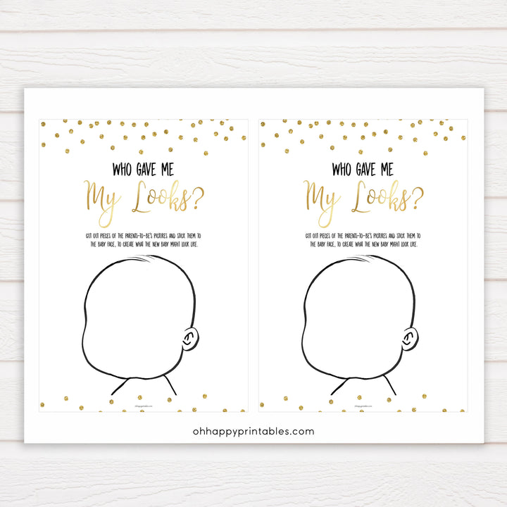 Gold Glitter Baby Face Game, What Will Baby Look Like, Baby Face, Guess The Looks, Gold Baby Game, Baby Face, Gold Baby Shower Games, printable baby games, fun baby games, popular baby games