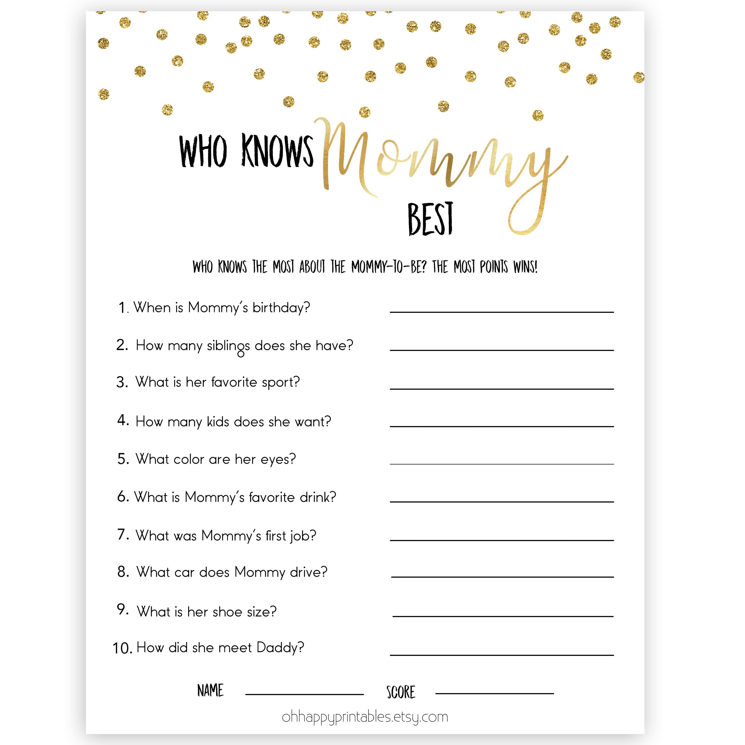 Gold Who Knows Mommy Best Quiz, Baby Shower Games, Knows Mummy Games, Gold Glitter Baby Shower Games, Gold Fun Baby Shower Games 