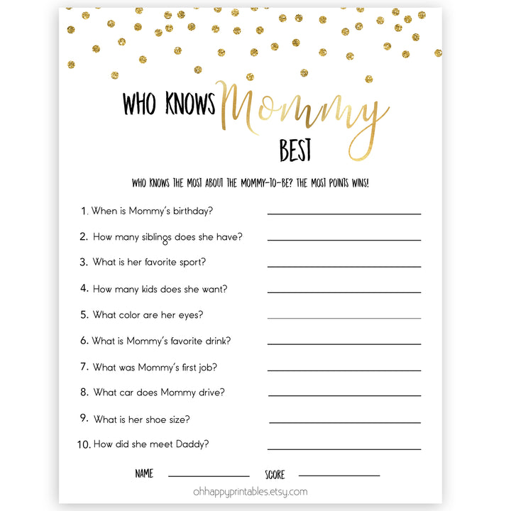 Gold Who Knows Mommy Best Quiz, Baby Shower Games, Knows Mummy Games, Gold Glitter Baby Shower Games, Gold Fun Baby Shower Games 